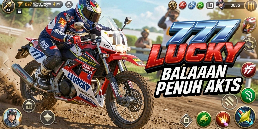 Tangkapan layar utama dari gameplay 777LUCKY menunjukkan balapan motor yang mendebarkan.