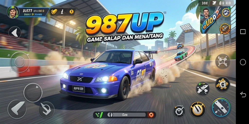 Screenshot utama 987UP menampilkan aksi balapan yang mendebarkan.
