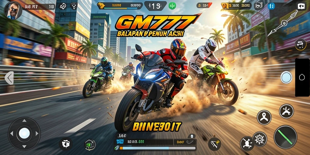 Screenshot menunjukkan aksi balapan motor yang mendebarkan dalam GM777.