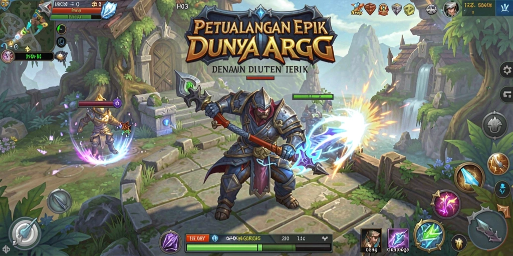 Screenshot gameplay H03 yang menunjukkan pertarungan seru dan dunia yang indah.