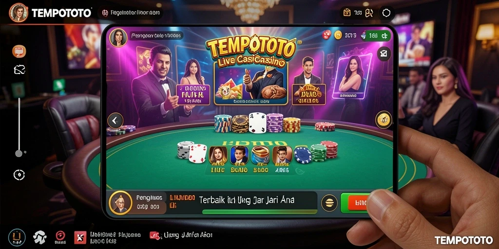 Screenshot gameplay TEMPOTOTO menampilkan dealer langsung dan suasana kasino yang hidup.