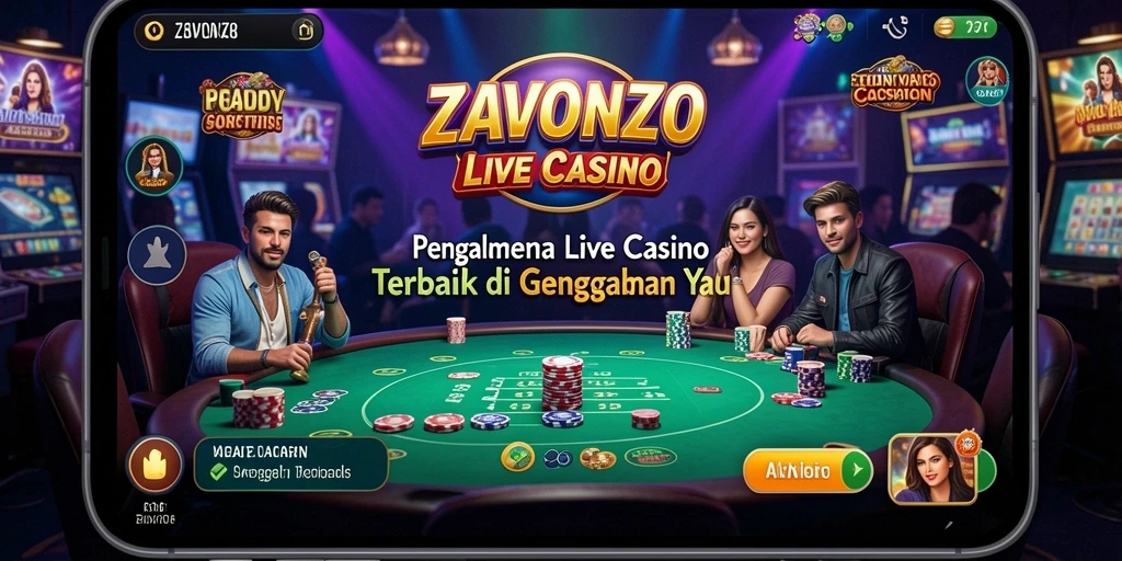 Screenshot gameplay ZAVONZO menampilkan dealer langsung dalam suasana kasino.
